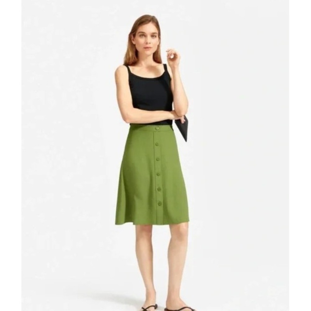 Everlane Japanese Go Weave Knee Skirt Green Swing Button Accent‎ Buttons 6